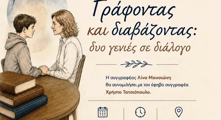 Η συγγραφέας Λίνα Μουσιώνη θα συνομιλήσει με τον έφηβο συγγραφέα Χρήστο Τατσιόπουλο 